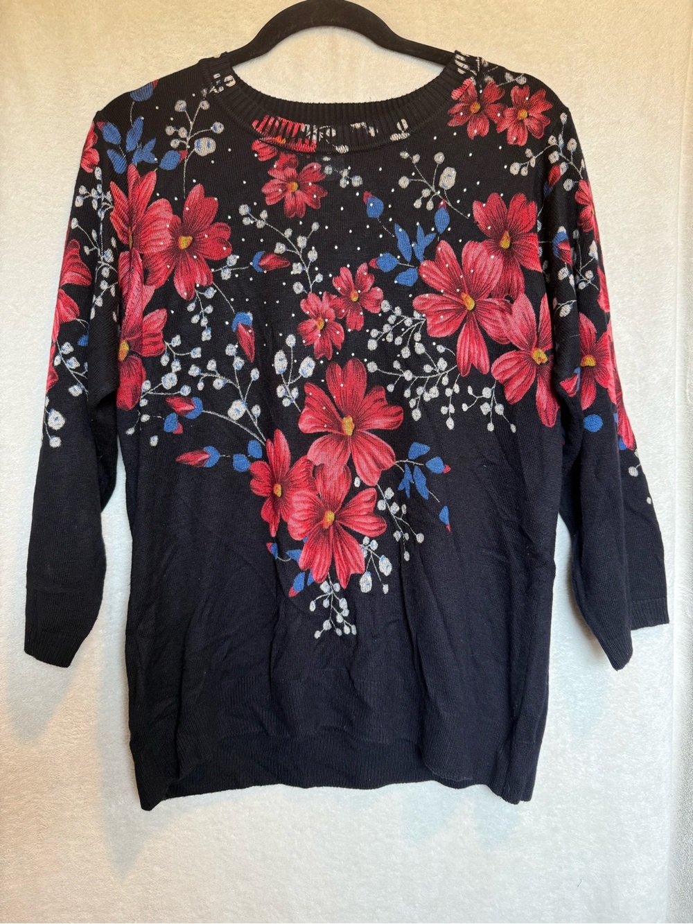 Rebecca Malone Black Knit Top Red and Blue Floral Design Crystal Embellishment